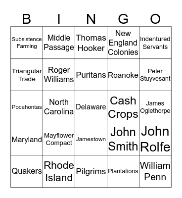 Unit II: Colony BINGO Card