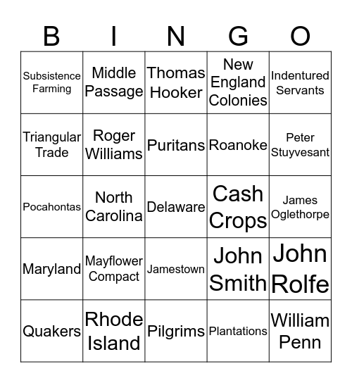 Unit II: Colony BINGO Card