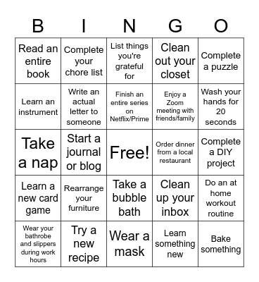Quarantine Bingo Card