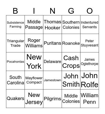 Unit II: Colony BINGO Card