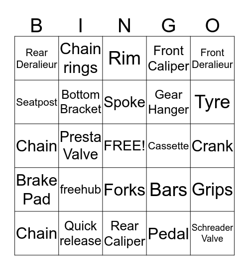Bike parts Bingo Card