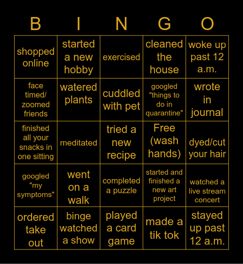 Quarantine Bingo Card