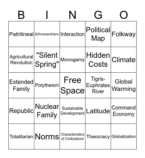 Introduction to World Cultures Bingo Card