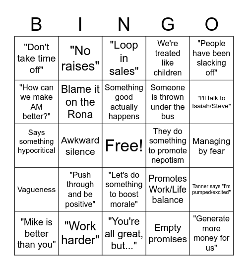 AM Team "Meeting" Bingo Card