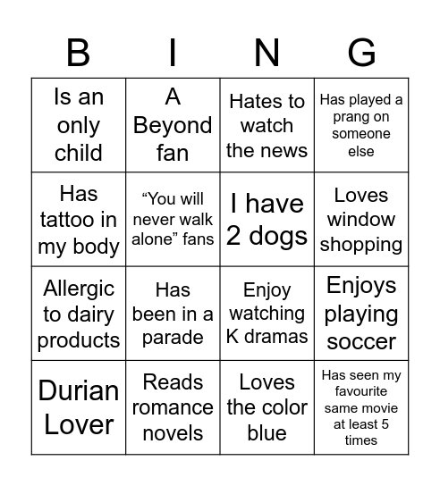 Get to know your colleagues: Peng Se Bingo Card