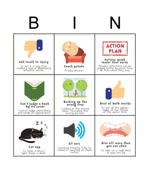 English Idioms Bingo Card