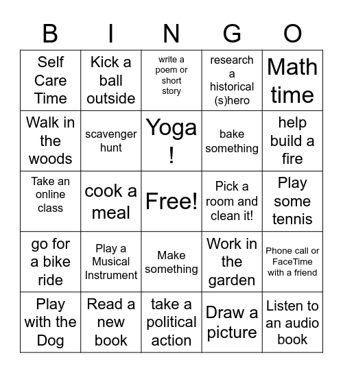 Summer Time Activities Bingo Card