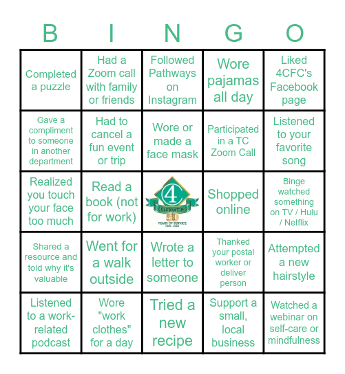 4CFC Quarantine Bingo Card