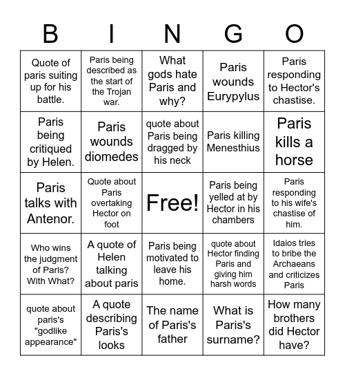 Paris Bingo Card