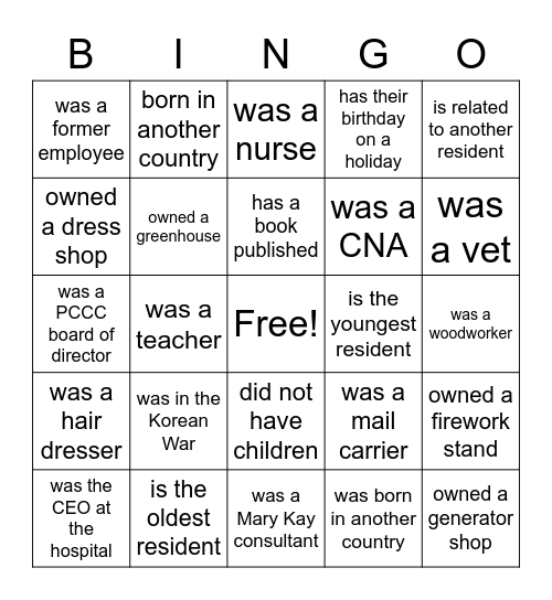 FIND A RESIDENT WHO Bingo Card