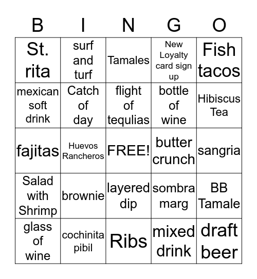 Sombra Dinner Bingo Card