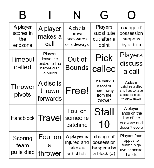 Ultimate Frisbee Rules Bingo Card