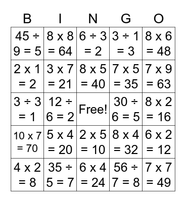 Multiplication and Division Bingo Card Bingo Card