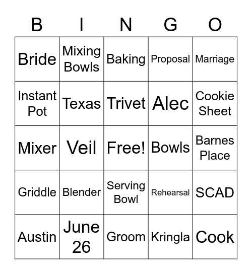 Kelsey's Zoom Bridal Shower BINGO! Bingo Card