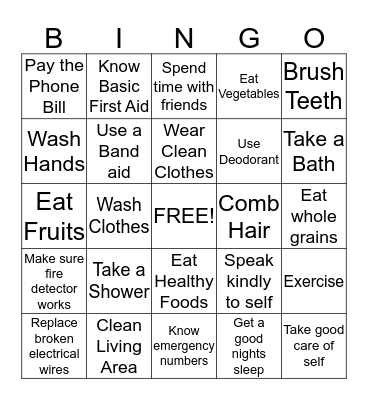 Personal Care Bingo Card