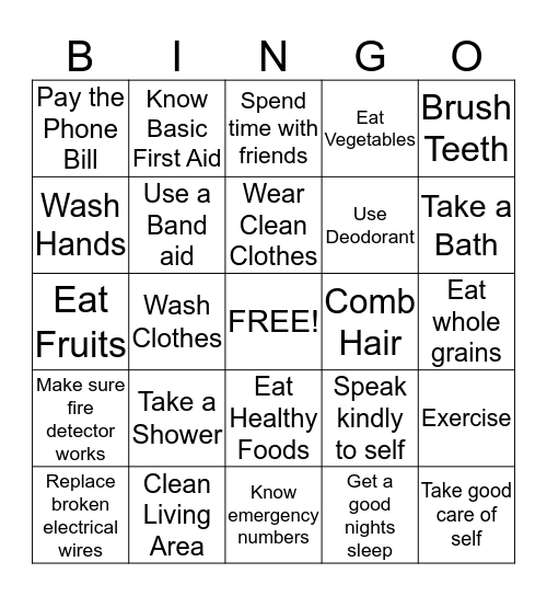 Personal Care Bingo Card