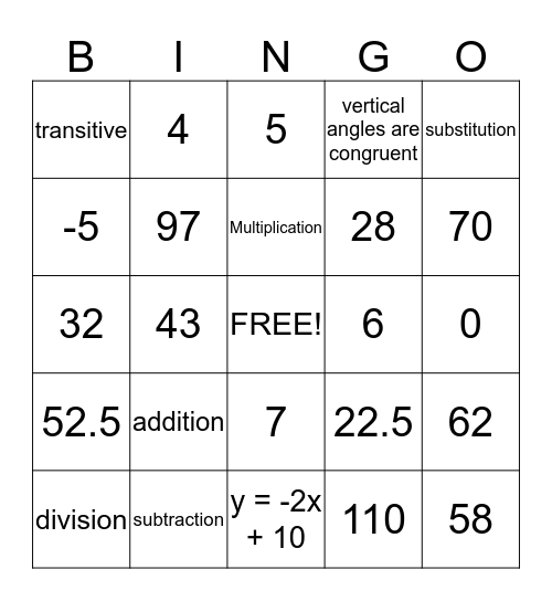 Chapter 2 Geometry Bingo Card