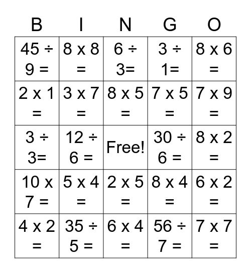 Multiplication and Division Bingo Card Bingo Card