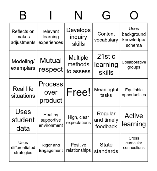 Highly Effective Teaching and Learning Bingo Card