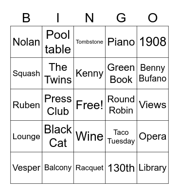 The University Club Bingo Card