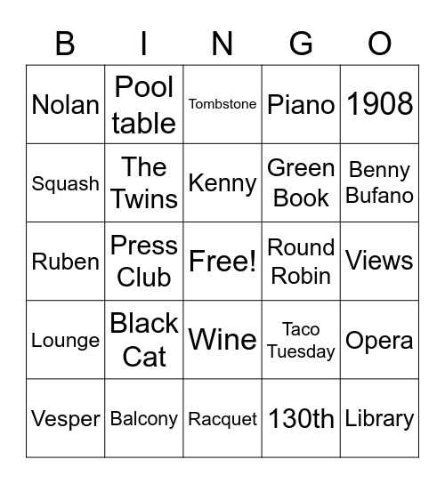 The University Club Bingo Card