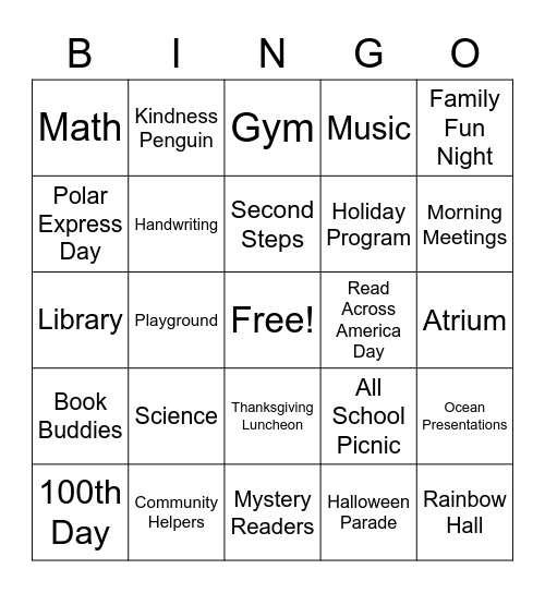 1st Grade Celebration Bingo Card