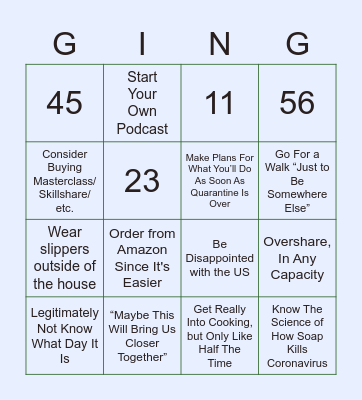 Quarantine Bingo Card