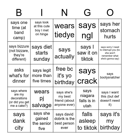 Rebi's Birthday Bingo Card