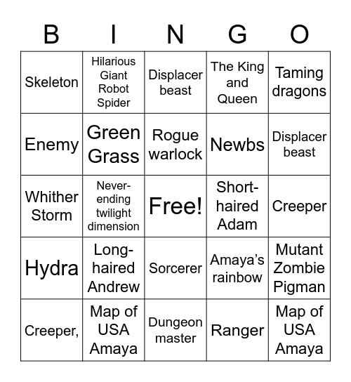 Jackson School Bingo Dnd & Minecraft Bingo Card