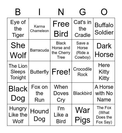 FS Music Bingo - Animals Bingo Card