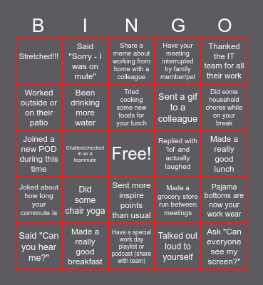 Working from Home Edition Bingo Card