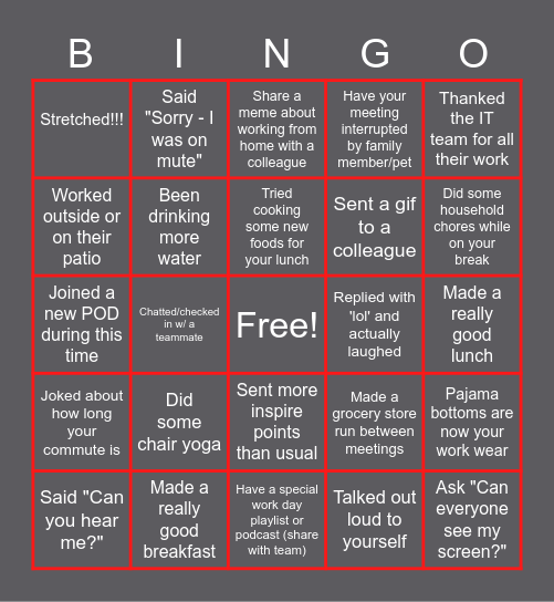 Working from Home Edition Bingo Card