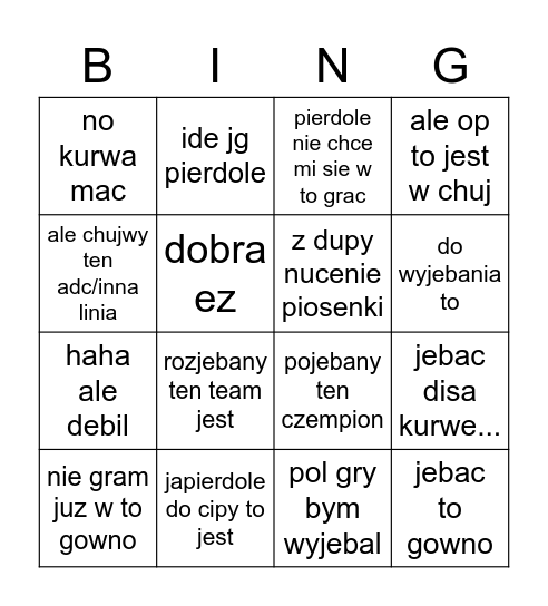 olo bingo i chuj Bingo Card
