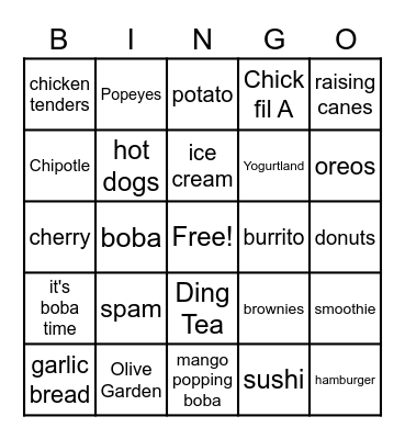 fast food Bingo Card