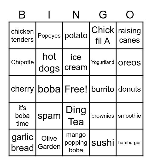 fast food Bingo Card