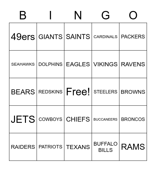 FOOTBALL TEAMS Bingo Card