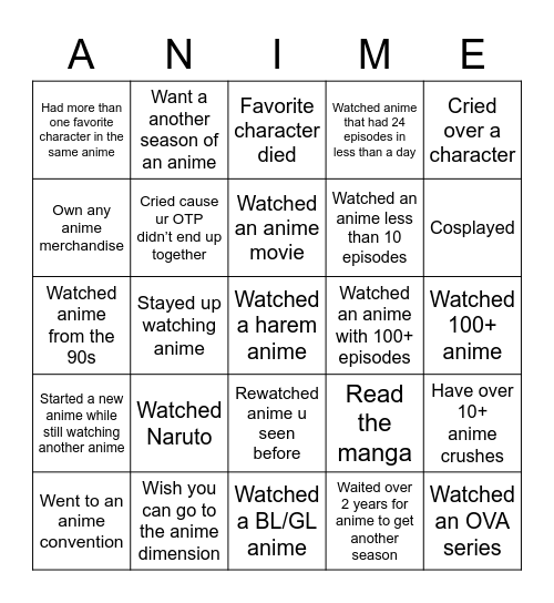 Weeb bingo Card