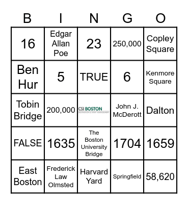 ALL THINGS BOSTON Bingo Card