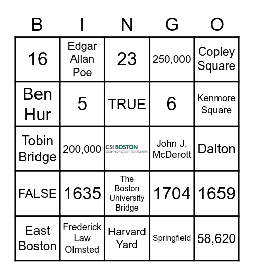 ALL THINGS BOSTON Bingo Card