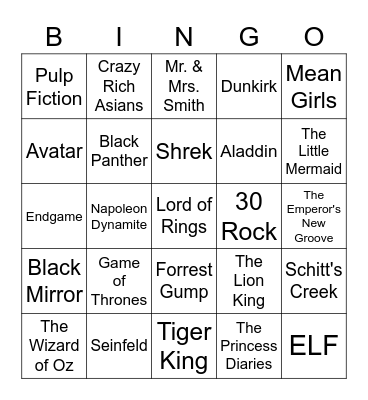 Movies and TV Bingo Card