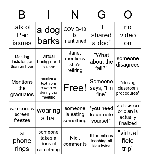 Zoom Meeting Bingo Card