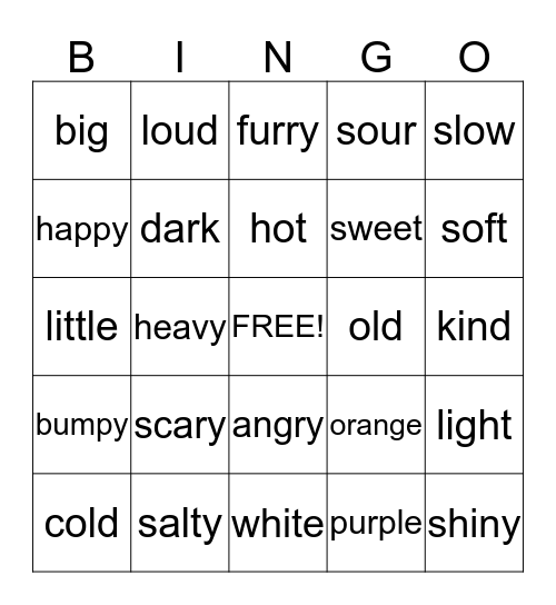 Adjective Bingo Card