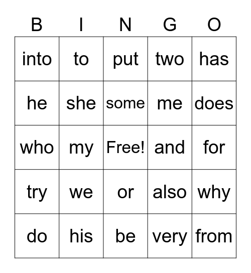 Trick Word Bingo Card