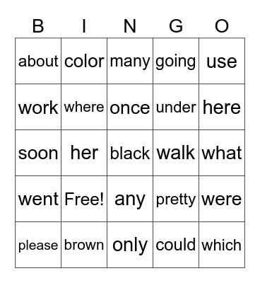 Sight Words Bingo Card