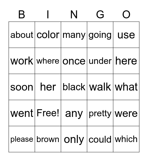 Sight Words Bingo Card