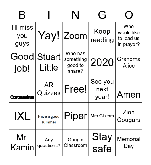 End of School Year Bingo Card