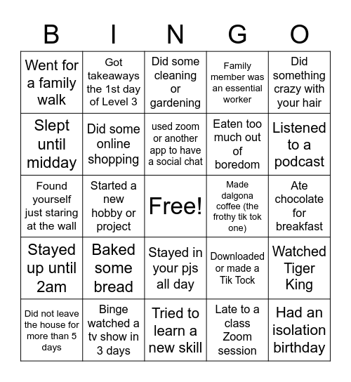 Lockdown Bingo Card