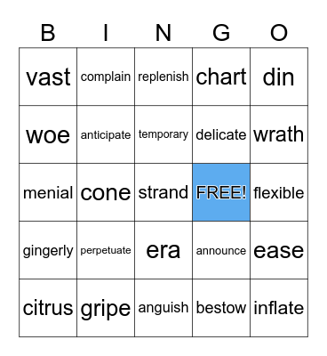 Daily Video Words of the Day Bingo Card