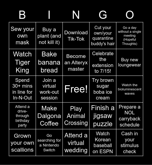 Quarantine Bingo Card