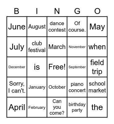 When is the club festival? Bingo Card
